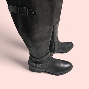 Arturo Chiang Black Leather Knee High Boots Buckle 7
